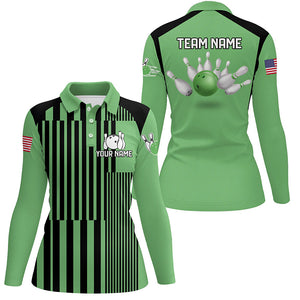 Green and black stripe pattern Women bowling polo shirts Custom bowling Team Jerseys, bowl gifts NQS7349