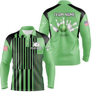 Green and black stripe pattern Mens Bowling polo shirts Custom bowling Team Jerseys, gifts for bowlers NQS7349