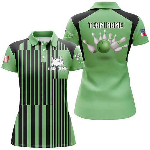 Green and black stripe pattern Women bowling polo shirts Custom bowling Team Jerseys, bowl gifts NQS7349