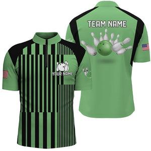 Green and black stripe pattern Men bowling Quarter Zip shirts Custom bowling Team Jerseys, bowl gifts NQS7349