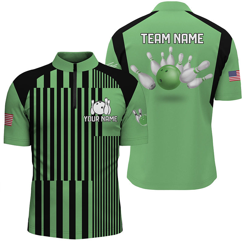 Green and black stripe pattern Men bowling Quarter Zip shirts Custom bowling Team Jerseys, bowl gifts NQS7349