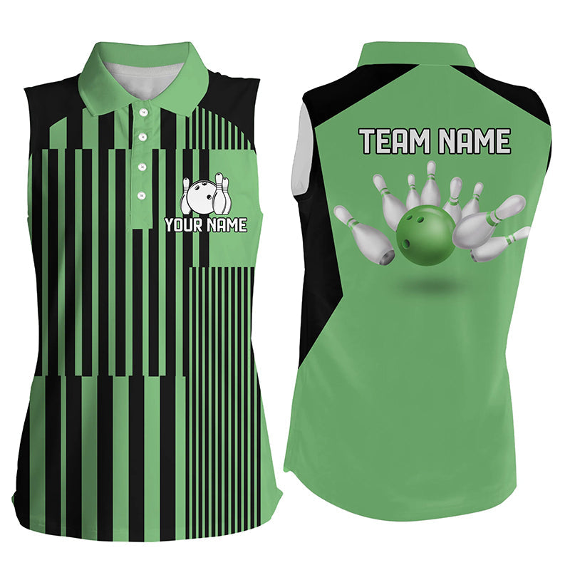 Green and black stripe pattern Women sleeveless bowling polo shirts Custom bowling Team Jerseys NQS7349