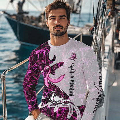 Catfish fishing pink Camo ribbon Breast Cancer Custom name sun protection long sleeves fishing shirts NQS9760