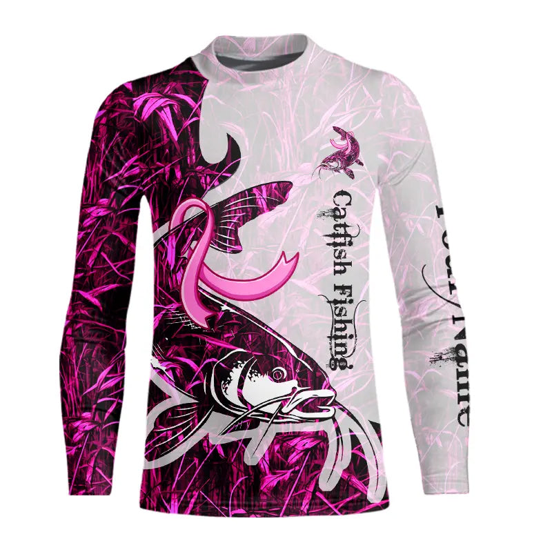 Catfish fishing pink Camo ribbon Breast Cancer Custom name sun protection long sleeves fishing shirts NQS9760