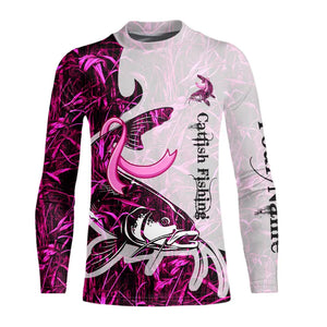 Catfish fishing pink Camo ribbon Breast Cancer Custom name sun protection long sleeves fishing shirts NQS9760