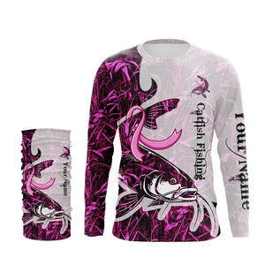 Catfish fishing pink Camo ribbon Breast Cancer Custom name sun protection long sleeves fishing shirts NQS9760