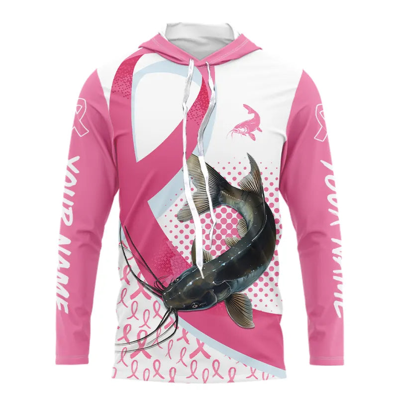 Pink ribbon pattern Catfish fishing Breast Cancer Custom sun protection long sleeves fishing shirts NQS9761