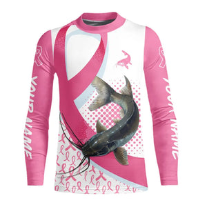 Pink ribbon pattern Catfish fishing Breast Cancer Custom sun protection long sleeves fishing shirts NQS9761