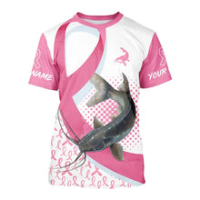 Load image into Gallery viewer, Pink ribbon pattern Catfish fishing Breast Cancer Custom sun protection long sleeves fishing shirts NQS9761