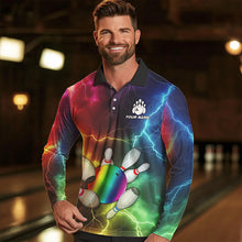 Load image into Gallery viewer, Mens Bowling shirts Custom Colorful Rainbow Lightning Thunder Bowling ball and pins Team bowler Jersey NQS9767