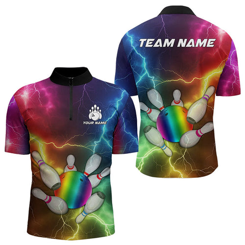 Mens Bowling shirts Custom Colorful Rainbow Lightning Thunder Bowling ball and pins Team bowler Jersey NQS9767