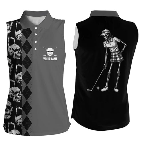 Black skull argyle pattern custom Womens sleeveless polo shirts, women's golf tops NQS7681