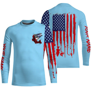 American flag Largemouth Bass fishing personalized patriotic UV Protection Fishing Shirts | Light Blue NQS5819