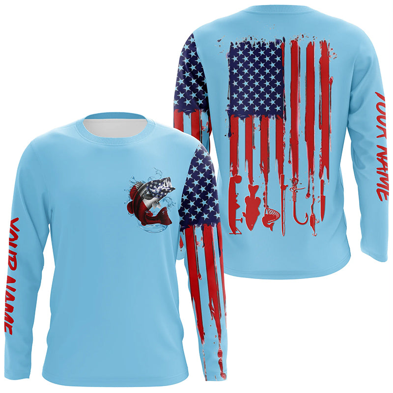 American flag Largemouth Bass fishing personalized patriotic UV Protection Fishing Shirts | Light Blue NQS5819