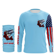 Load image into Gallery viewer, American flag Largemouth Bass fishing personalized patriotic UV Protection Fishing Shirts | Light Blue NQS5819