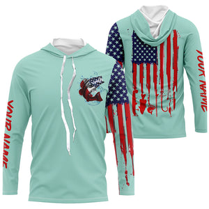 American flag Largemouth Bass fishing personalized patriotic UV Protection Fishing Shirt | Light Green NQS5820