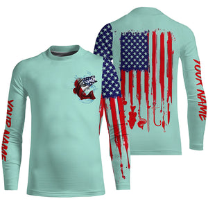 American flag Largemouth Bass fishing personalized patriotic UV Protection Fishing Shirt | Light Green NQS5820