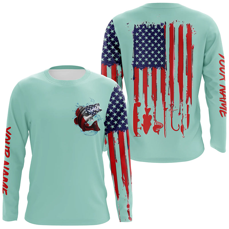 American flag Largemouth Bass fishing personalized patriotic UV Protection Fishing Shirt | Light Green NQS5820