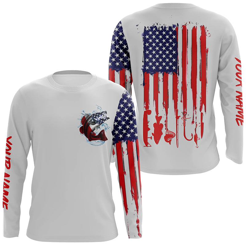 American flag Largemouth Bass fishing personalized patriotic UV Protection Fishing Shirts | Gray NQS5821