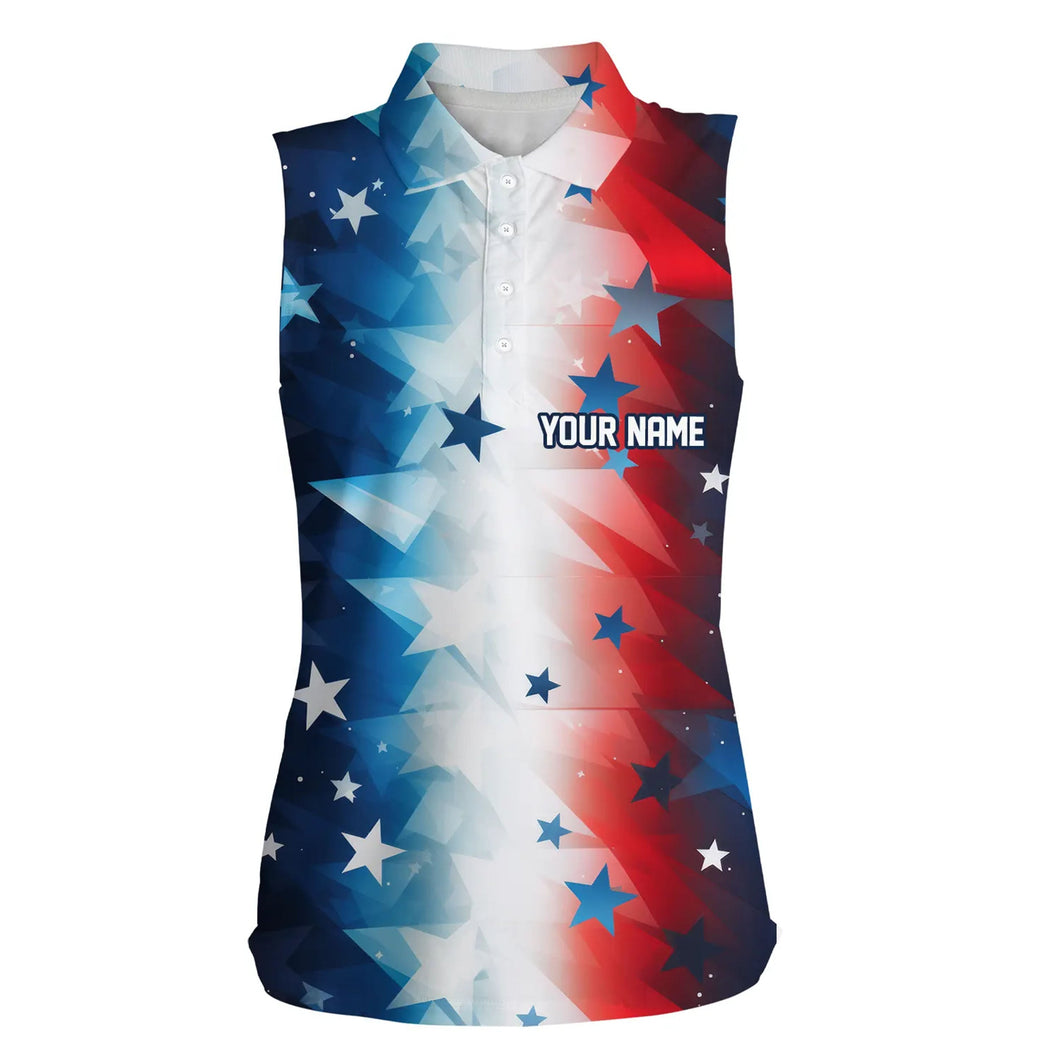 Red, white and blue stars pattern Womens sleeveless golf polo shirts custom womens golf attire NQS7927