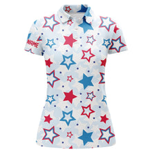 Load image into Gallery viewer, Womens golf polo shirts custom Red, white and blue stars pattern womens golf attire, unique golf gifts NQS7928