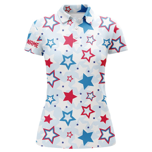 Womens golf polo shirts custom Red, white and blue stars pattern womens golf attire, unique golf gifts NQS7928