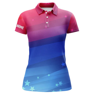 Womens golf polo shirts custom Red and blue gradient stars pattern patriotic golf clothing for women NQS7929