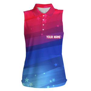 Womens sleeveless polo shirt custom Red blue gradient stars pattern patriotic golf clothing for women NQS7929