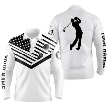 Load image into Gallery viewer, Mens golf polo shirt black American flag 4th July custom name white golf shirt NQS3671