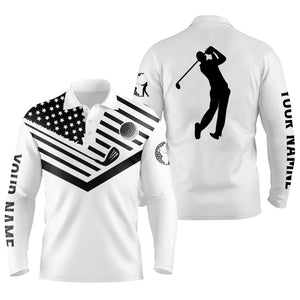Mens golf polo shirt black American flag 4th July custom name white golf shirt NQS3671