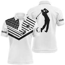 Load image into Gallery viewer, Mens golf polo shirt black American flag 4th July custom name white golf shirt NQS3671