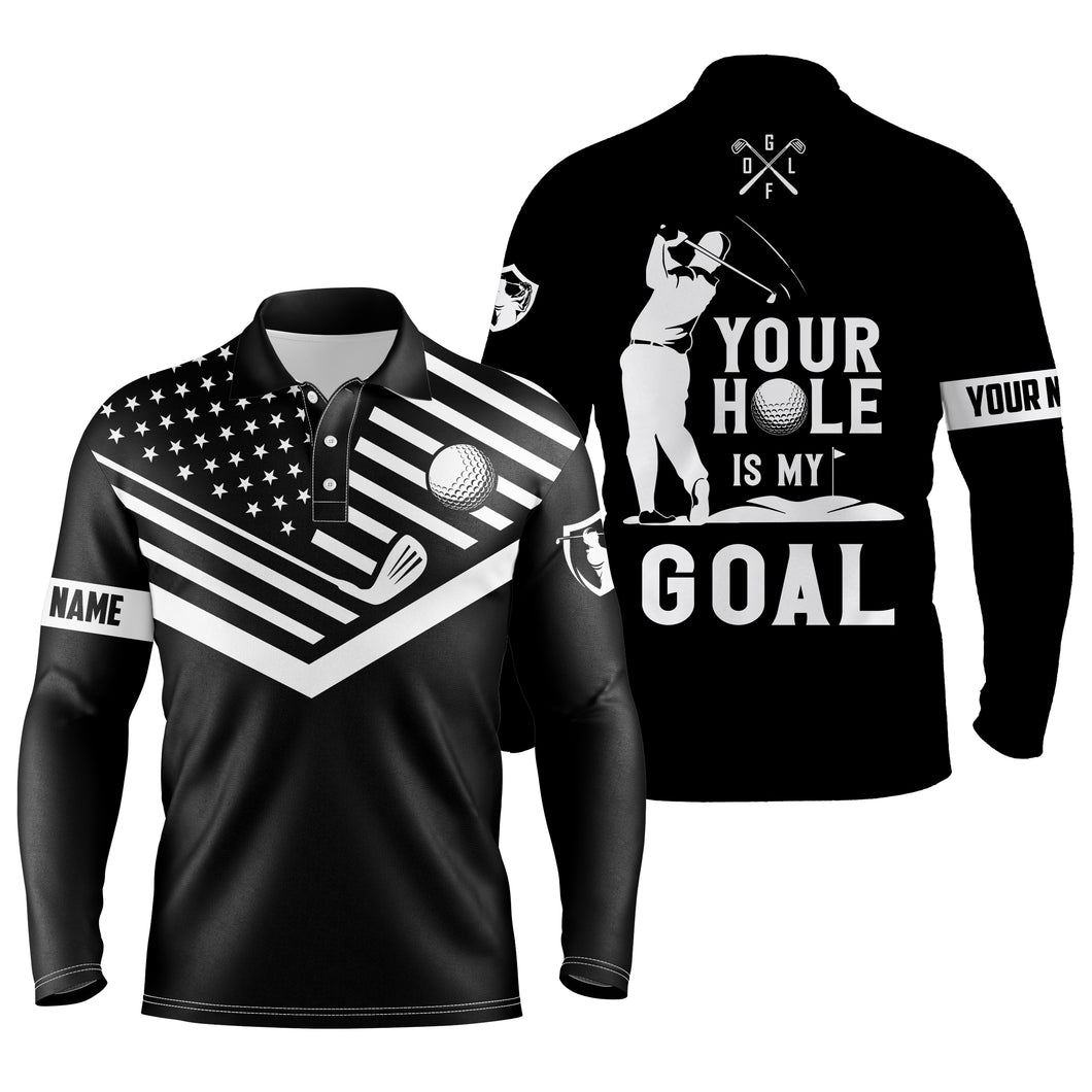 Black Mens golf polo shirt white American flag custom name your hole is my goal funny golf team shirt NQS3672