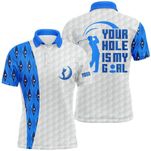 Load image into Gallery viewer, Funny Mens golf polos shirts custom your hole is my goal blue argyle pattern white golf balls shirts NQS6218