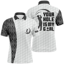 Load image into Gallery viewer, Funny Mens golf polos shirts custom your hole is my goal black argyle pattern white golf balls shirts NQS6219