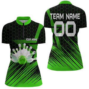 Green Bowling Shirt For women Custom Quarter Zip Bowling Jersey 3D Bowling Team Shirt For women NQS6225