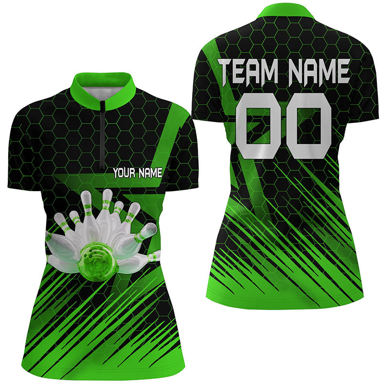 Green Bowling Shirt For women Custom Quarter Zip Bowling Jersey 3D Bowling Team Shirt For women NQS6225