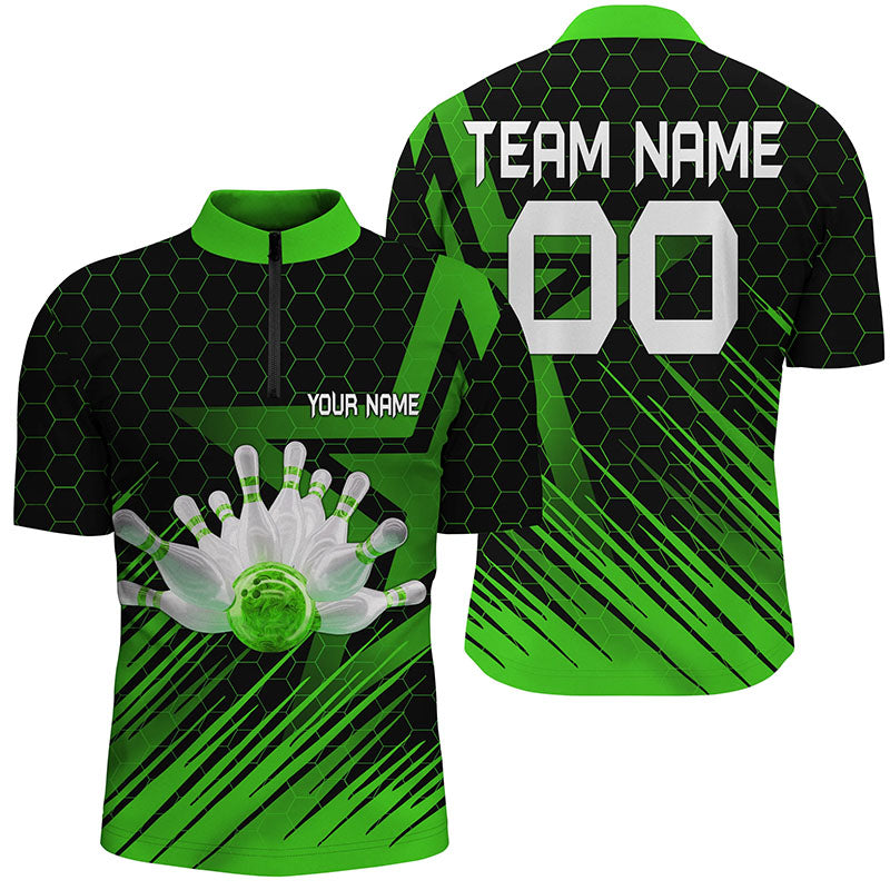 Green Bowling Shirt For men Custom Quarter Zip Bowling Jersey 3D Bowling Team Shirt For men NQS6225