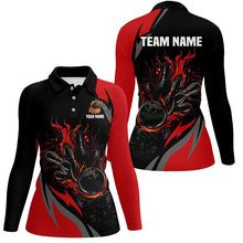 Load image into Gallery viewer, Custom Black And Red Flame Bowling Shirts For Women, Bowling Ball and Pins Team Bowling League Jerseys NQS8346