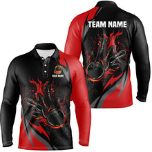 Load image into Gallery viewer, Custom Black And Red Flame Bowling Shirts For Men, Bowling Ball and Pins Team Bowling League Jerseys NQS8346