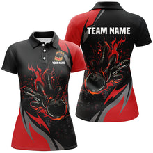 Load image into Gallery viewer, Custom Black And Red Flame Bowling Shirts For Women, Bowling Ball and Pins Team Bowling League Jerseys NQS8346