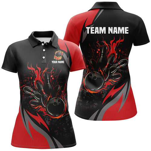 Custom Black And Red Flame Bowling Shirts For Women, Bowling Ball and Pins Team Bowling League Jerseys NQS8346