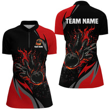 Load image into Gallery viewer, Custom Black And Red Flame Bowling Shirts For Women, Bowling Ball and Pins Team Bowling League Jerseys NQS8346