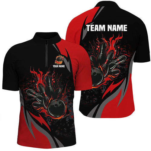 Custom Black And Red Flame Bowling Shirts For Men, Bowling Ball and Pins Team Bowling League Jerseys NQS8346