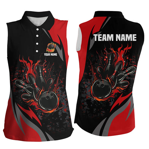 Custom Black And Red Flame Bowling Sleeveless Polo Shirt, Bowling Ball Pins Team Bowling League Jersey NQS8346