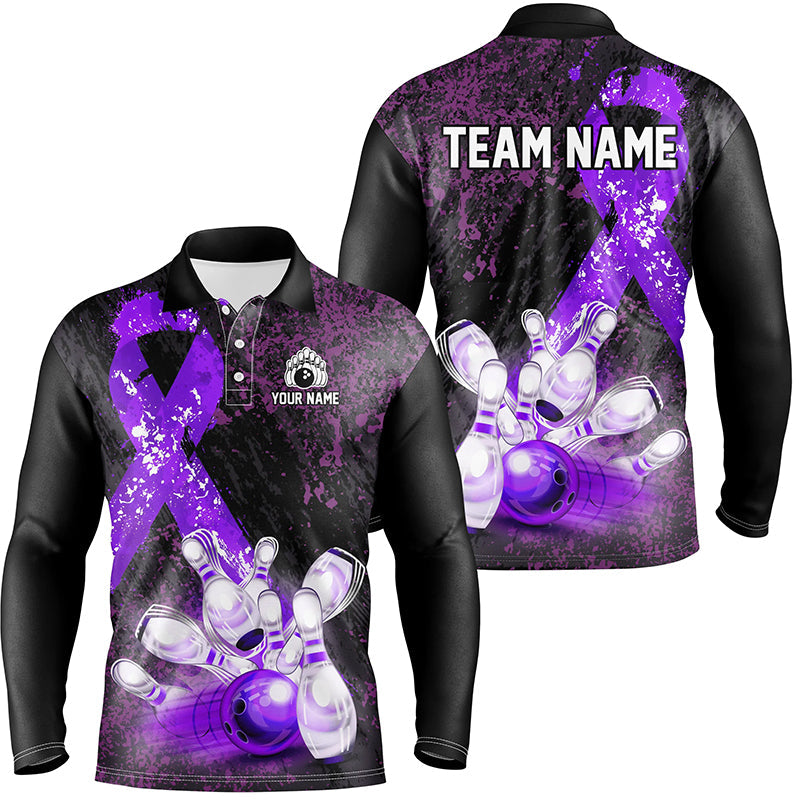 Personalized Purple Ribbons Grunge Bowling Shirts For Men, Custom breast cancer bowling Team shirts NQS8353