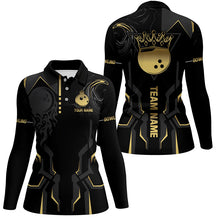Load image into Gallery viewer, Black and gold Bowling Polo, Quarter Zip Shirts For Women Custom Bowling King Team Jerseys Outfits NQS8564