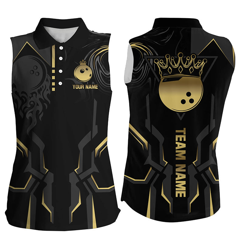 Black and gold Bowling sleeveless polo Shirts For Women Custom Bowling King Team Jerseys Outfits NQS8564