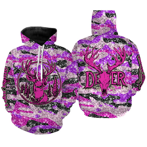 Pink glitter camo hunting Customize Name 3D All Over Printed Shirts, Deer hunting shirts for women NQS1051