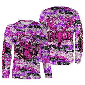 Pink glitter camo hunting Customize Name 3D All Over Printed Shirts, Deer hunting shirts for women NQS1051