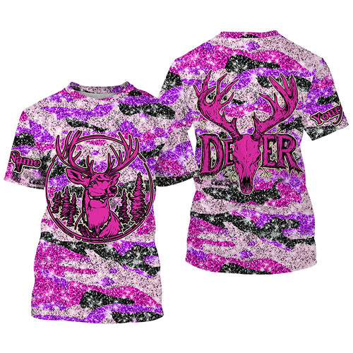 Pink glitter camo hunting Customize Name 3D All Over Printed Shirts, Deer hunting shirts for women NQS1051